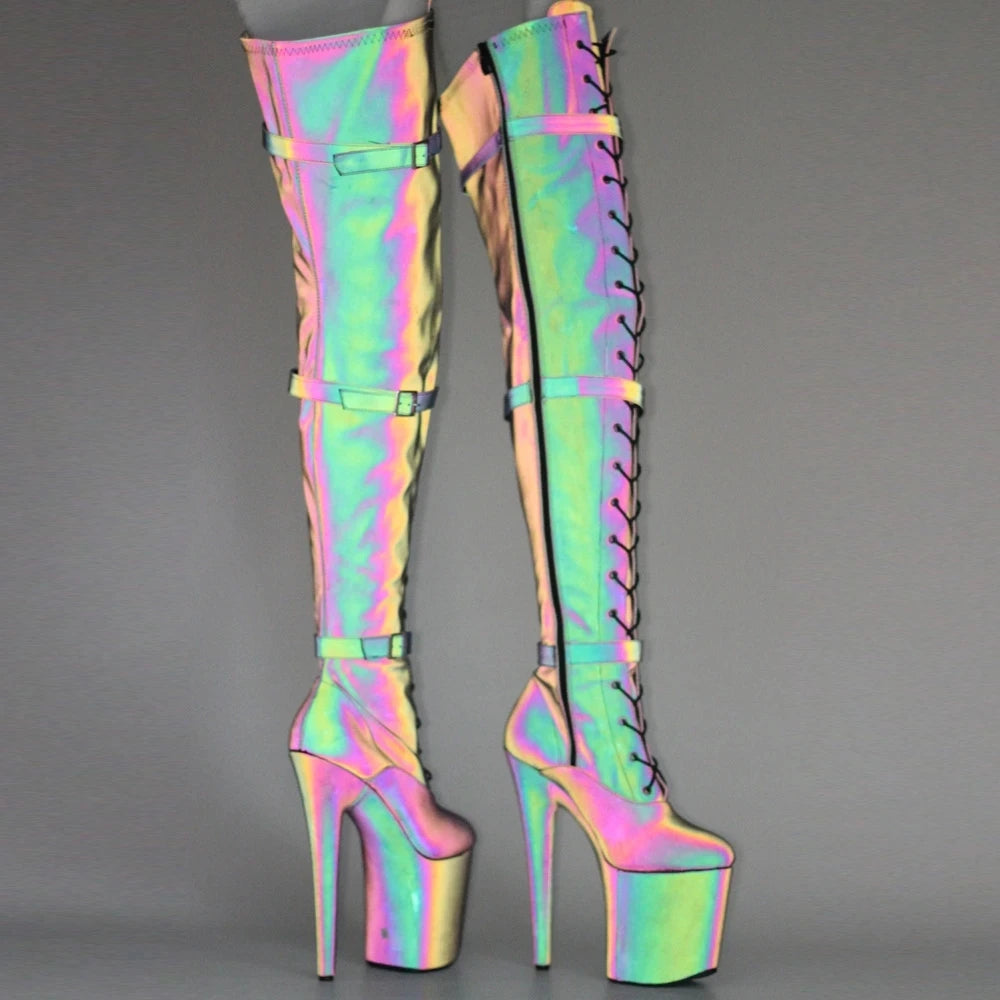 Women Pole Dance Boots Reflective Fabric 20CM High Heel Show Shoes