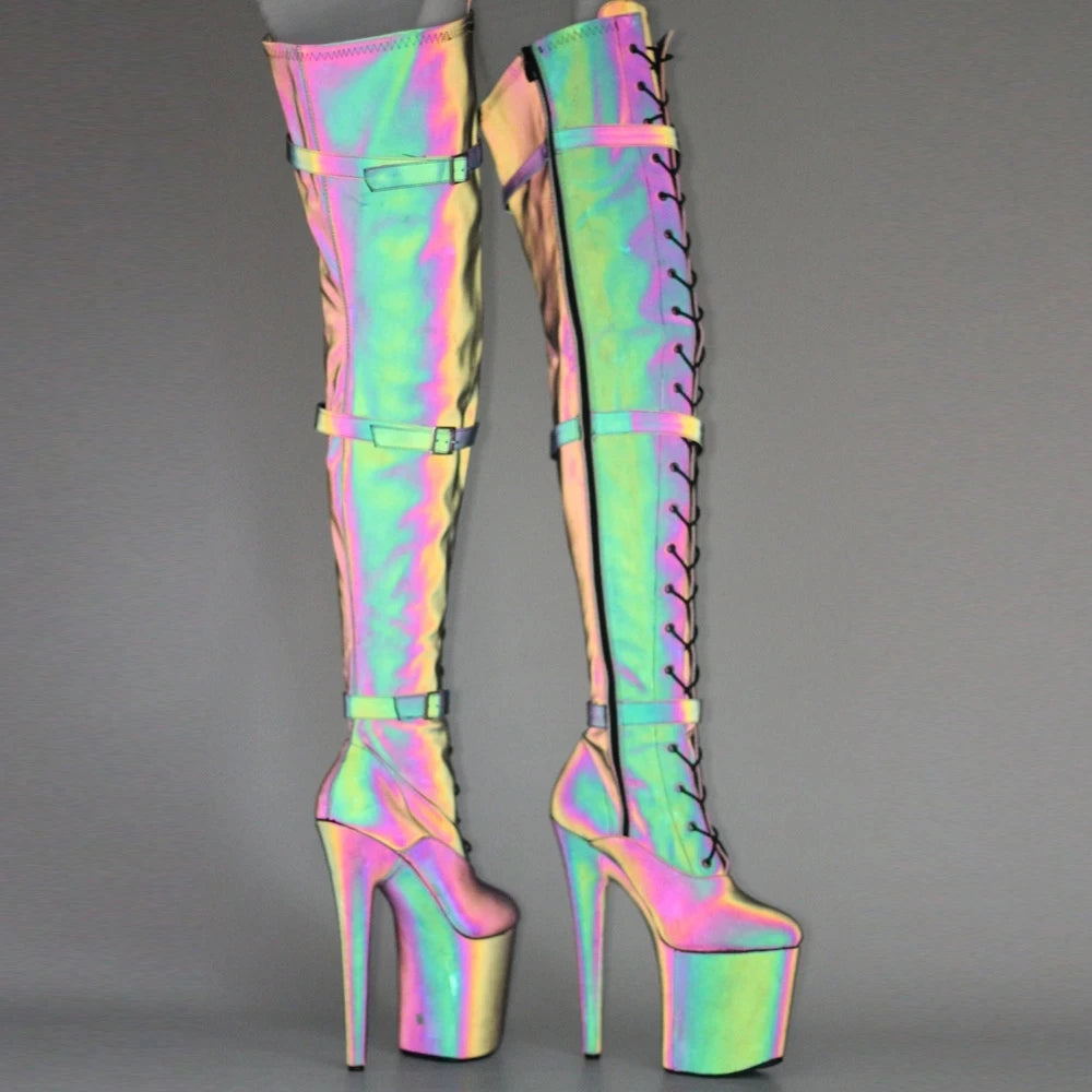 Women Pole Dance Boots Reflective Fabric 20CM High Heel Over-The-Knee Women's