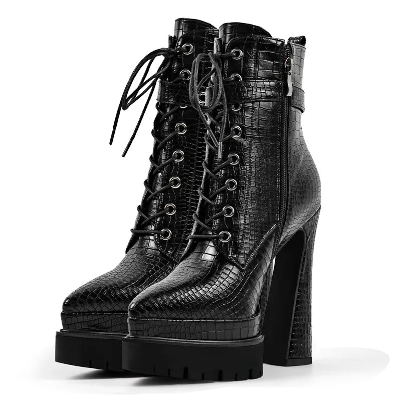 Women Black Booties Double Platform  Side Zipper Lace-up Fashion Ankle Boots