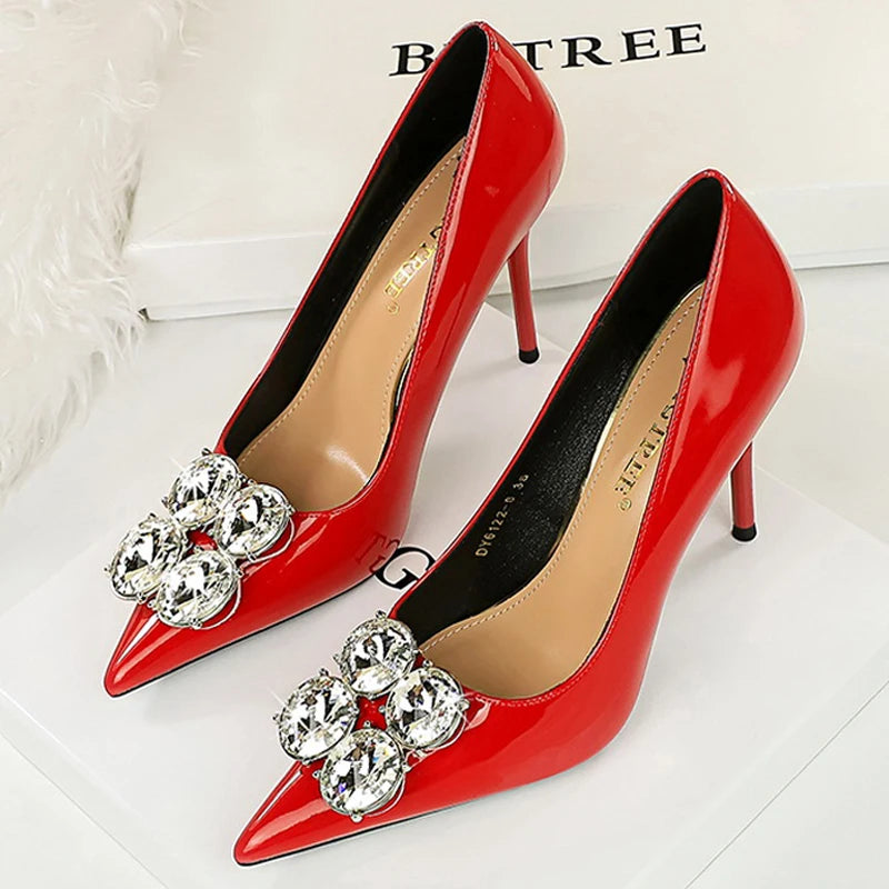 Luxury High Heels Big Rhinestone Design Women Pumps Patent Leather Ladies Heels