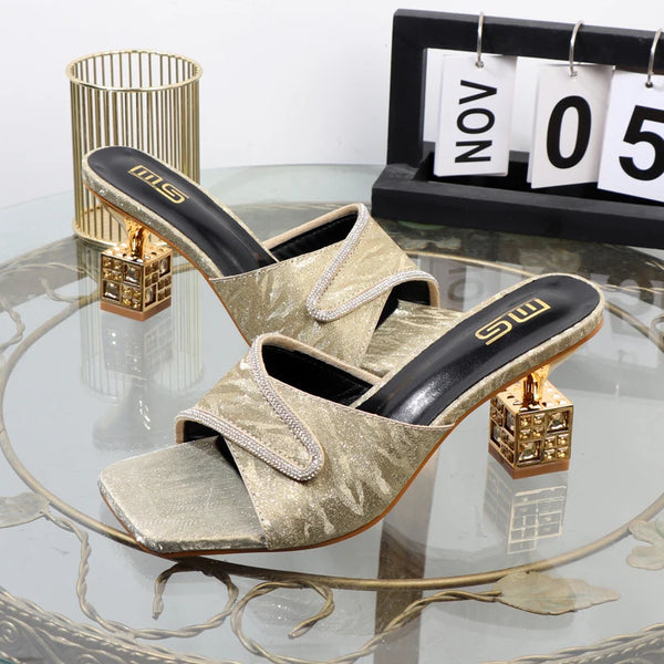 Luxury gold slippers in the fall of  the new special-shaped high-heeled shoes