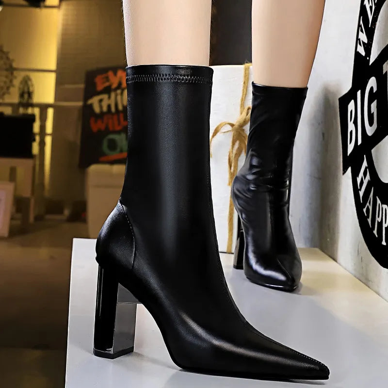 Metal Chunky Heel Leather Boots Women Mid-Calf Boots
