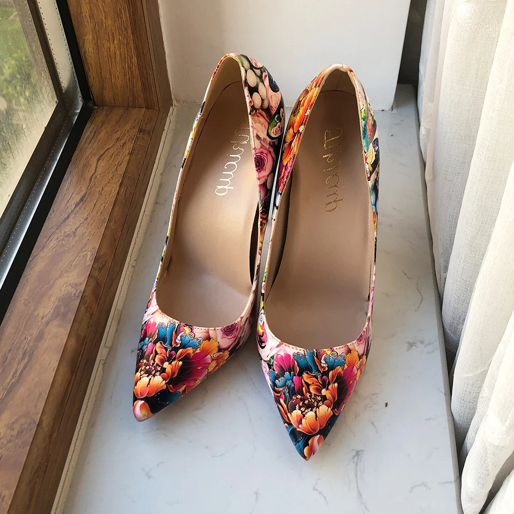 Women Gloossy Floral Printed Pointed Toe High Heels