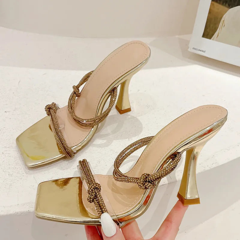 Fashion Rhinestones Strap Mules High Heels Square Toe Golden Sandals