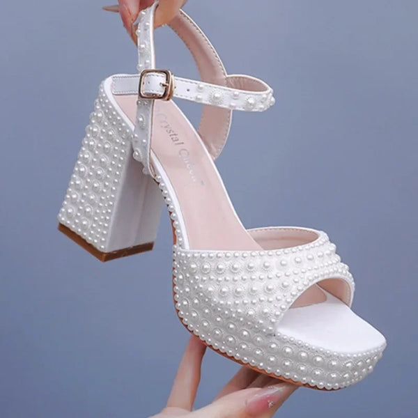 New White Beige Pearl Fish Mouth Summer Sandals