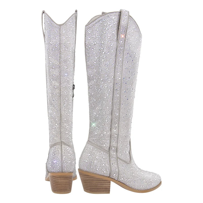 Women Rhinestone Boots Silver Knee High Western Cowgirl Boots