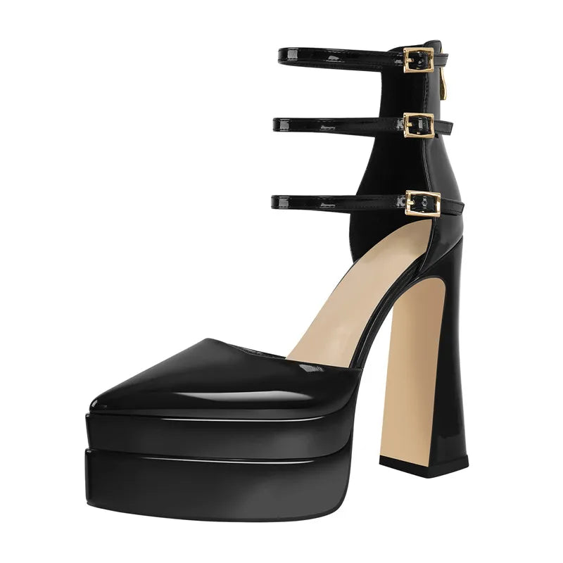 Women Platform Black Patent Leather Thin Heels