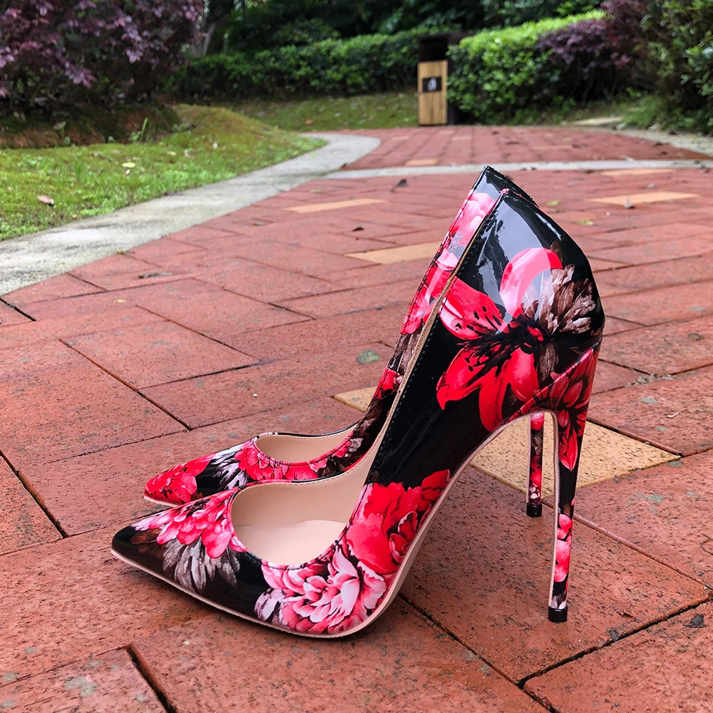 Women Gloossy Floral Printed Pointed Toe High Heels