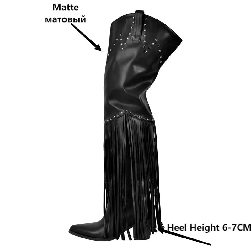 Black Fringe Over The Knee Boots   Chunky Heel Winter Pointed Toe Female Wstern Boots