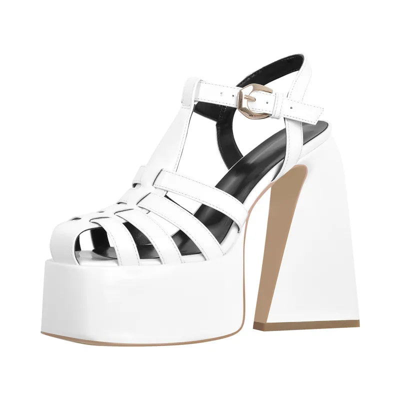 Women White Platform Platform Chunky High Heels Buckle Black Summer Sandals