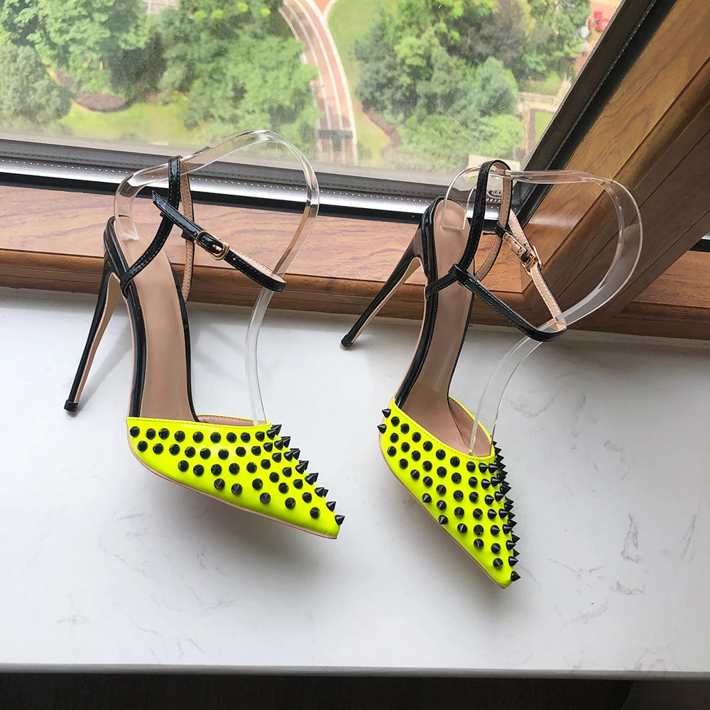 Black Spikes Lemon Green Women Sexy Ankle Strap Slingbacks High Heel Shoes