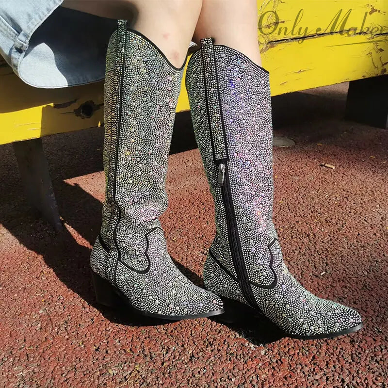 Rhinestone Black Knee High Boots Western Cowboy Booties