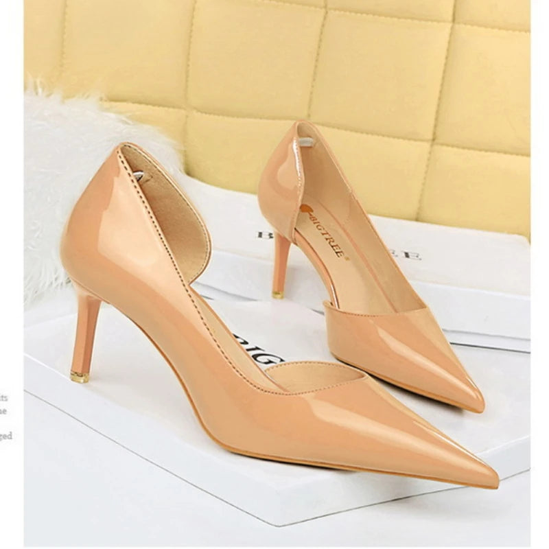 Korean Version of Fashion Fine Heel High Heels Bright Patent Leather Light Mouth Single Shoes