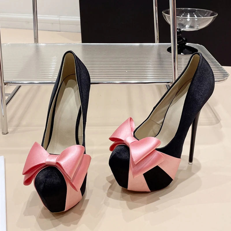 Fashion Design Bowknot Round Toe Platform Pumps Women Wedding Banquet Shoes