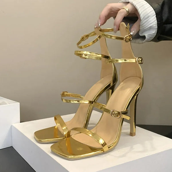 Sexy Golden Sandals Women Square Toe  Super Thin High Heels Pumps