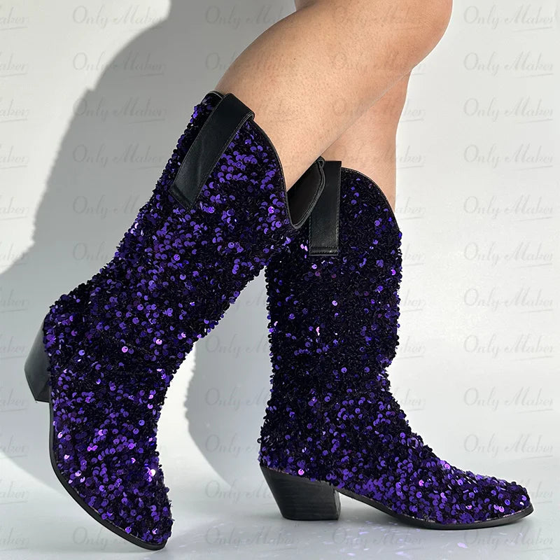 Women Glitter Pointed Toe  Knee High Boots