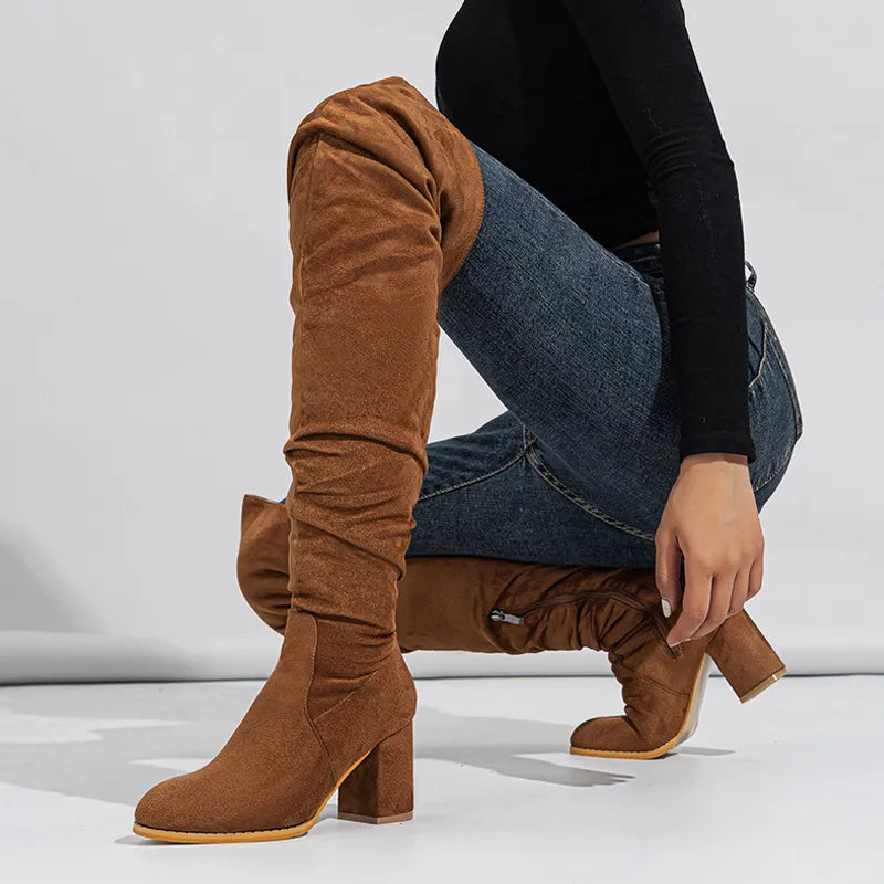 Autumn Winter Black Brown Over The Knee Boots Women Sexy Pointed Toe Zip Thigh High Shoes