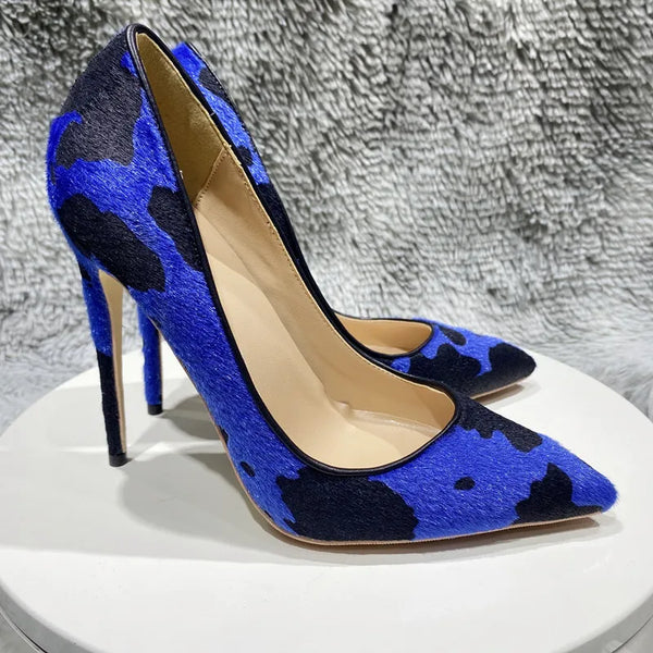 Women's Bluish black leopard print horsehair high-heeled shoes