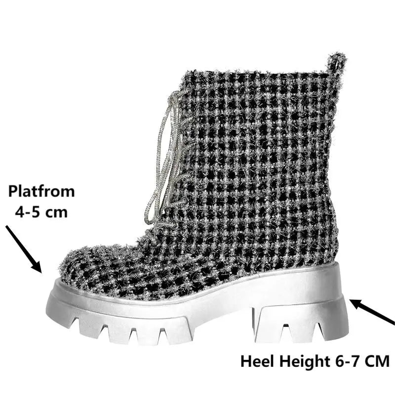 Sliver  Platform Ankle Boots Round Toe Handmade Female Lace UPBoots