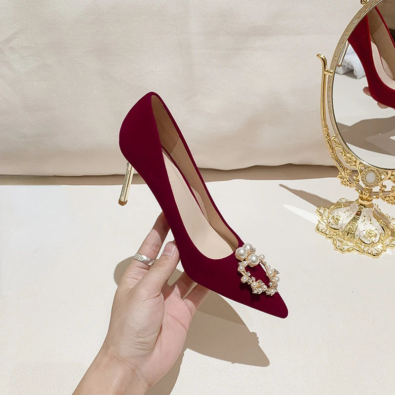 Fashion and Exquisite Bridal Red Suede Pointed Toe High-end Stiletto Shoes