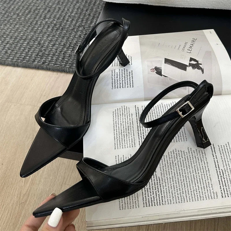 Fashion Women Sandals Thin Low Heels Buckle Strap Slingback Casual Pointed Toe Party Shoes