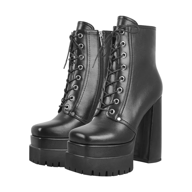 Platform Square Toe Punk Ankle Boots Block Chunky High Heel