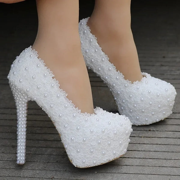 Fashion Women Pumps Shoes Lace Rhinestone Round Toe 14cmThin Heels