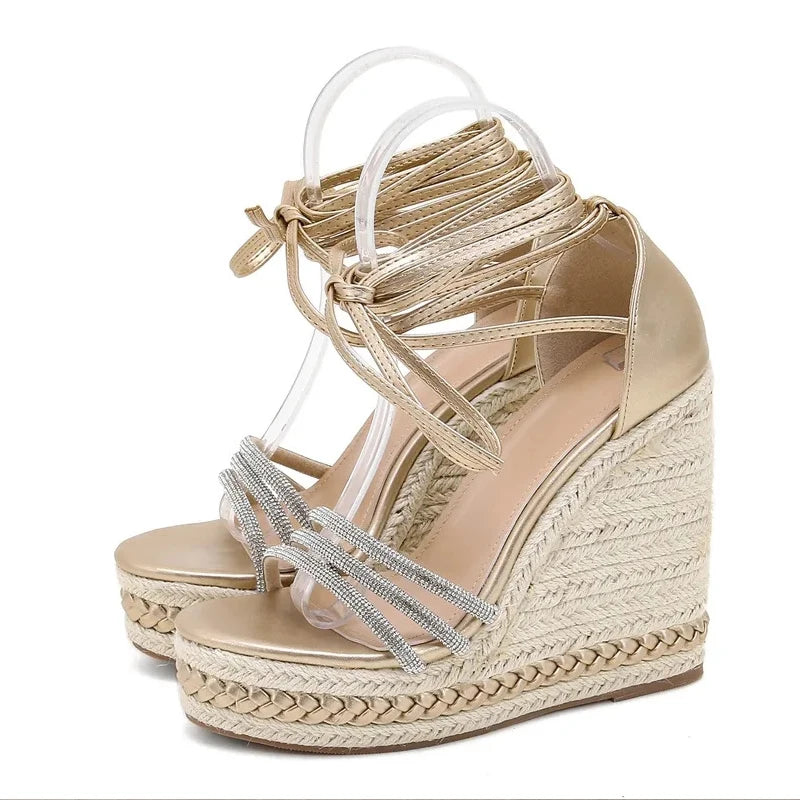 Crystal Narrow Band Open Toe Casual Wedge Sandals Women