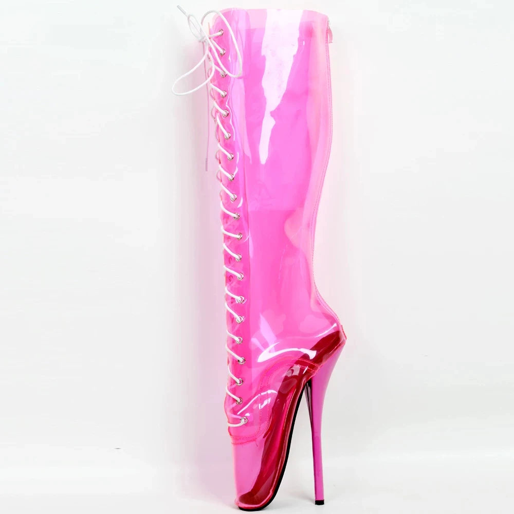 Clear PVC Transparent Boots 18CM Super High Heel Ballet Ponted-toe Zip Sexy Knee-high Boots