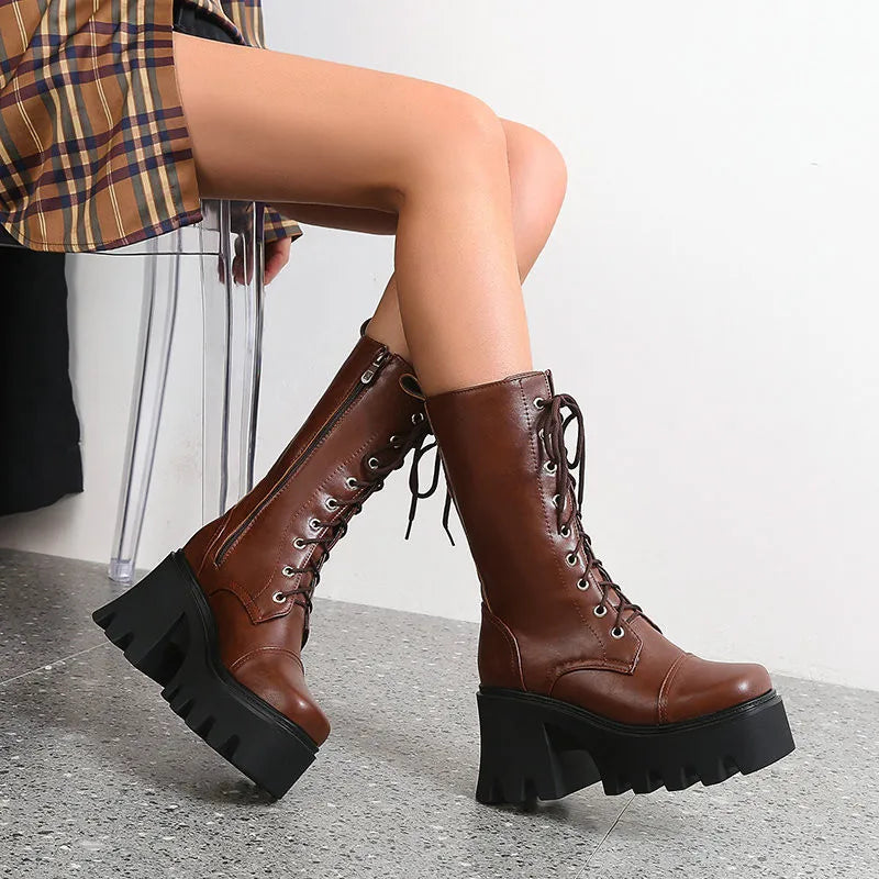 Platform Thick Heel Mid-Calf Boots PU Lace Up Chunky Punk High Heels Black Booties