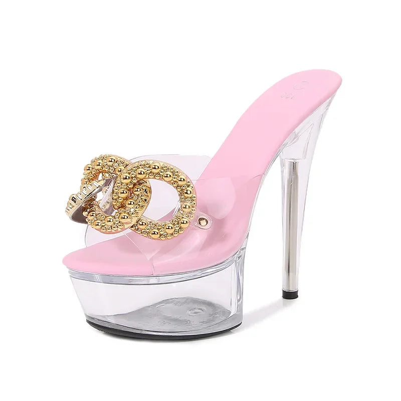 Big Size Slippers Transparent PVC 15cm Thin High Heels Slides Platform Sandals