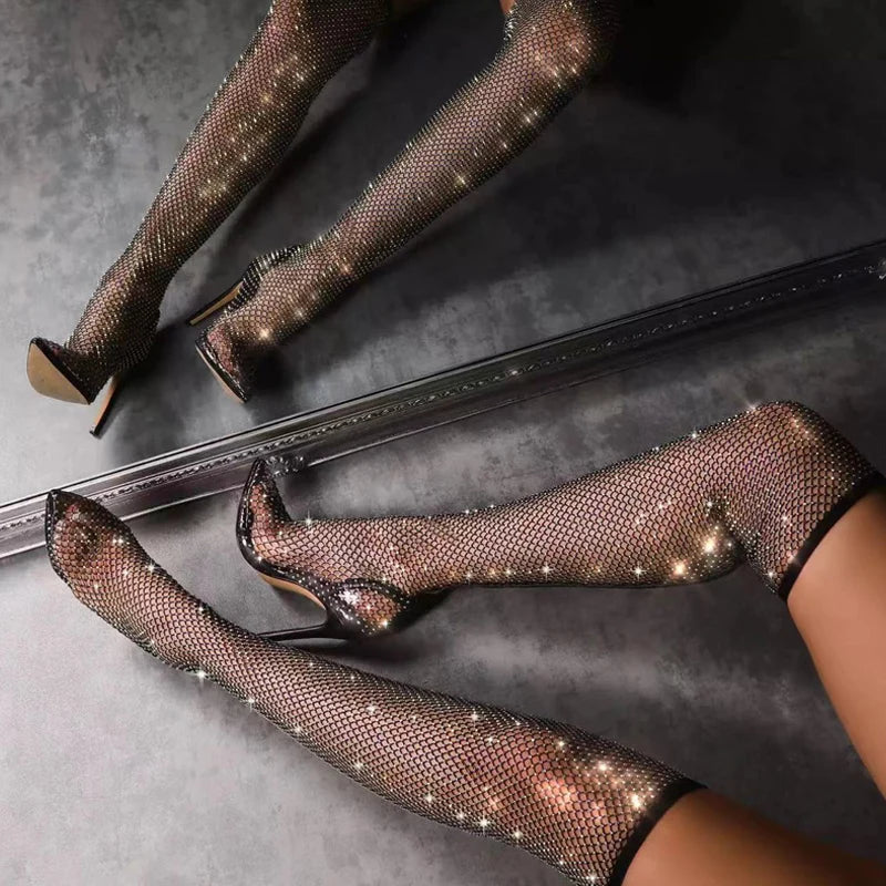 Fashion Rhinestone Fishnet Mesh Women Pumps High Heels Socks Over-The-Knee Boots