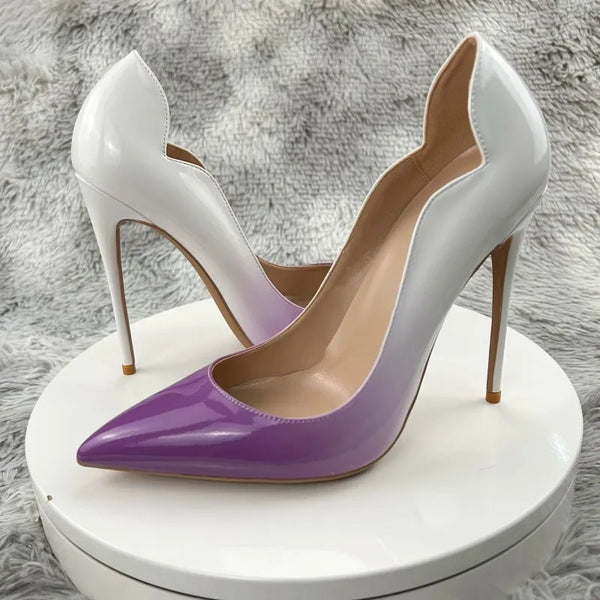 White Purple Gradient Women Curl Cut Pointy Toe Stiletto Pumps