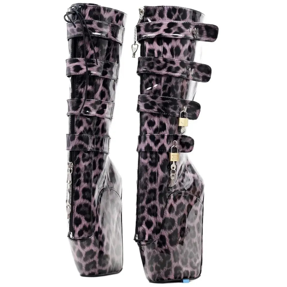 Leopard Ballet Boots 7" Super High Heel Lockable YKK Zip Buckle Straps With Locks