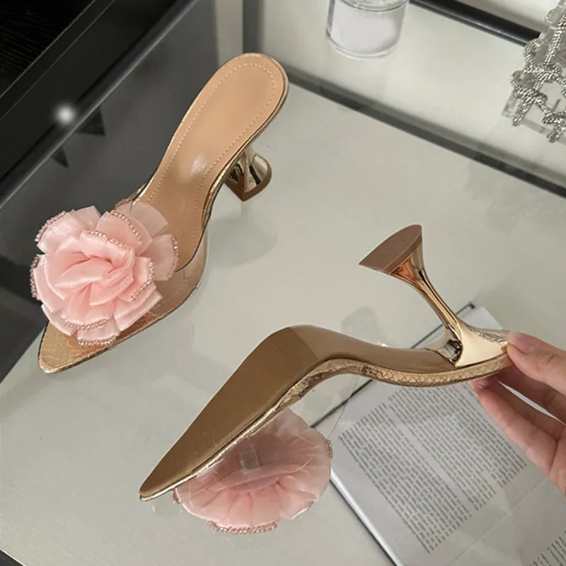 PVC Transparent Slippers For Women Fashion Flowers Pointed Toe Clear High Heels