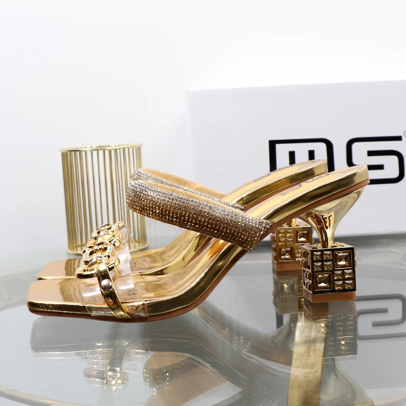 Fashion Transparent belt metal decoration box shaped square Alien heel high heels