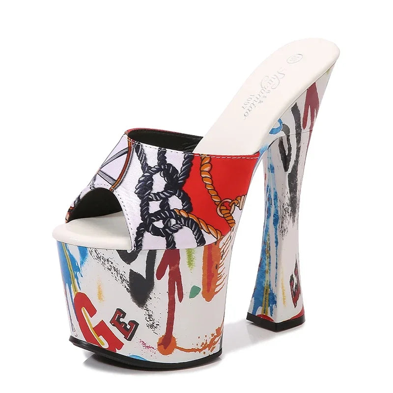 Summer Slipper Fashion Printing 18CM Super High Heel Women Sandals