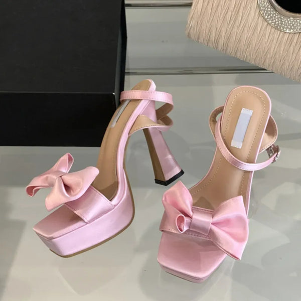 Fashion Pink Silk Bowknot Square Open Toe Super High Heels Sexy Sandals