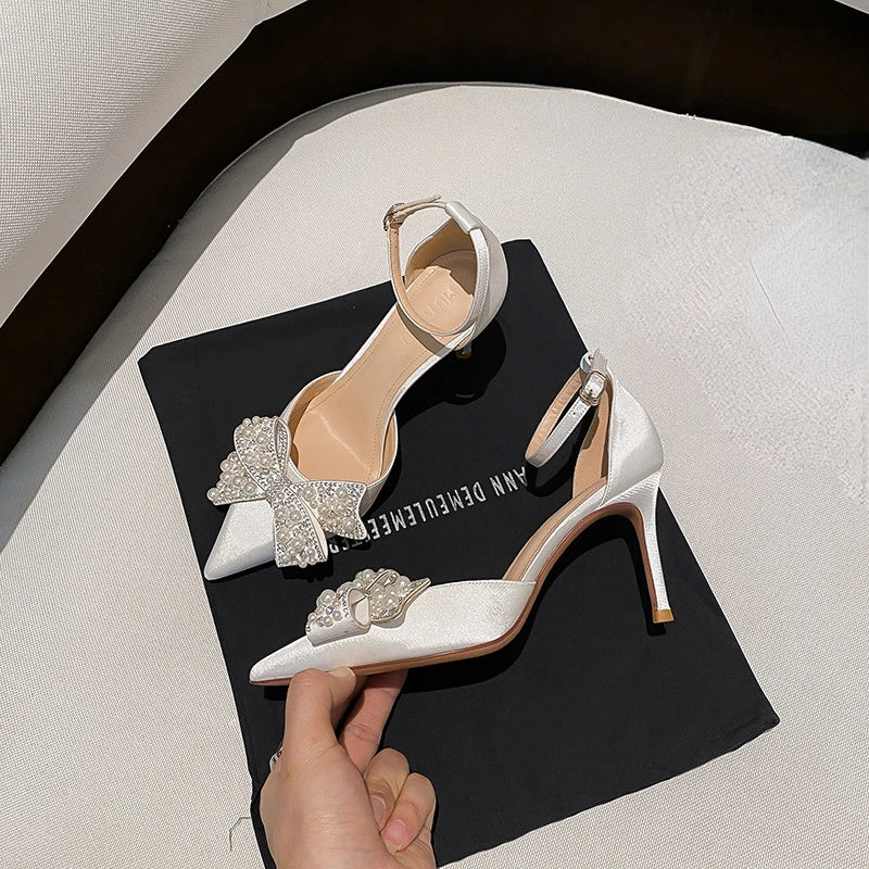 Fashion Bow Rhinestone Women's White Premium High Heel Shoes