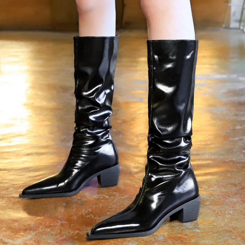 Patent Leather Women Knee-High Boots Thick Heel Women Boots New Winter Boots