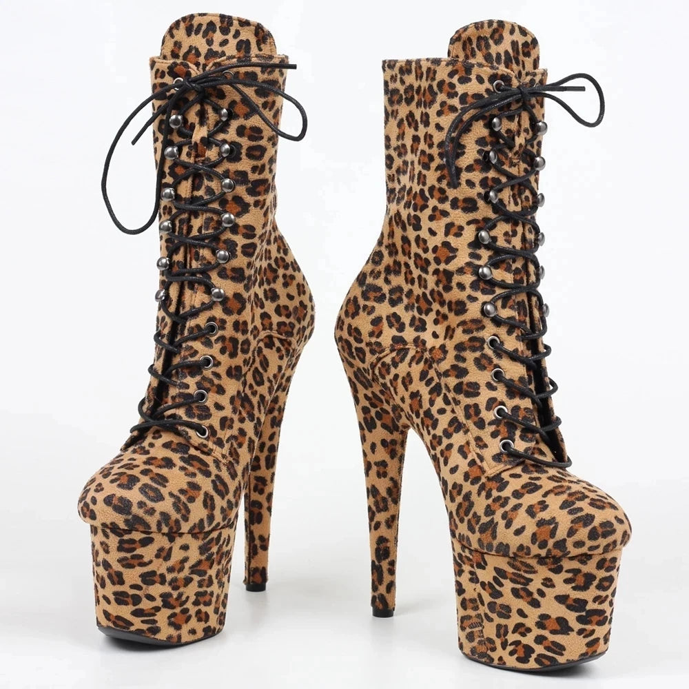 Unisex Sexy Leopard Print 17cm High Heel Ankle Boots Waterproof Women