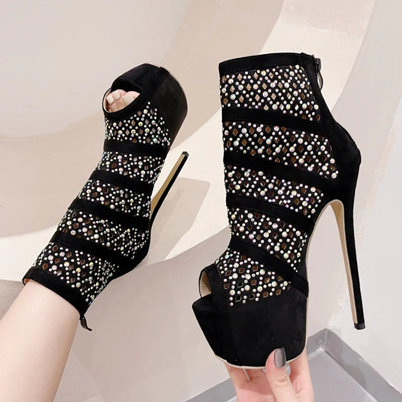 Spring Autumn Hollow Out Rhinestone Mesh Ankle Boots Women Shoes