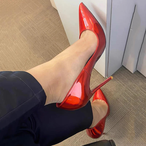 12cm Women Sexy Elegant All Red Pumps Stilettos Side V Cut High Heels