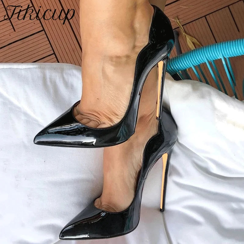 Curl Cut Women Solid Black Patent Pointy Toe High Heel Shoes