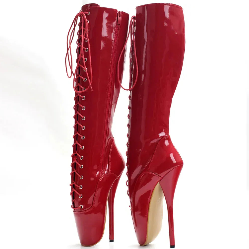 18CM High Ballet Heel Pointed-Toe Cross-tied Zip Patent Leather Women Sexy Knee-High Boots