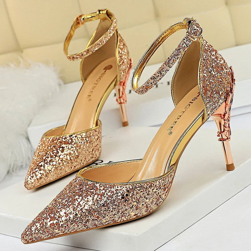 7.5 Cm 9.5cm Heels Women Pumps Sequin Wedding Shoes Stilettos Metal Decoration Kitten Heels