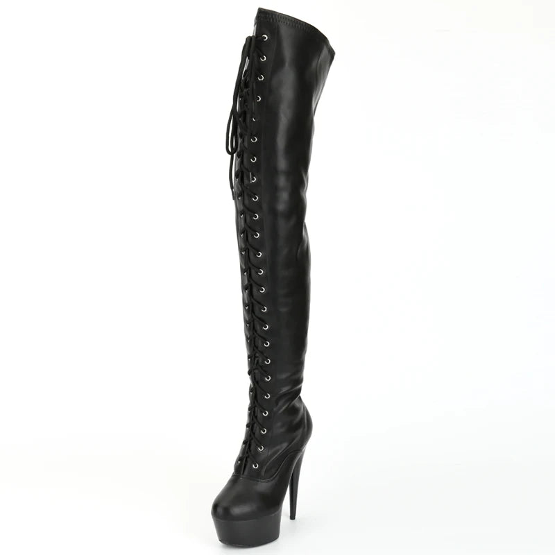 Over-The-Knee 15CM High-Heeled Cross-tied Side-Zip Stripper Gothic Sexy Fetish Thigh High Boots