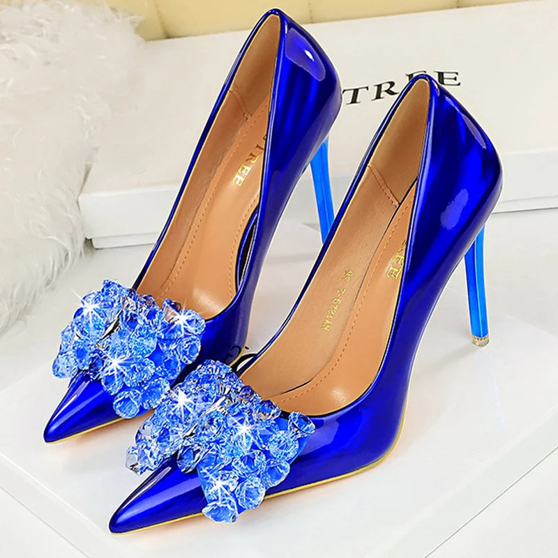 Luxury Women's High Heels Crystal Bow Women Pumps Patent Leather Ladies Shoes