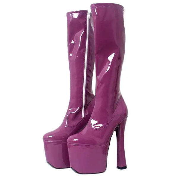 Women Knee-high Boots 20cm High chunky Heel Platform Side Zip Women