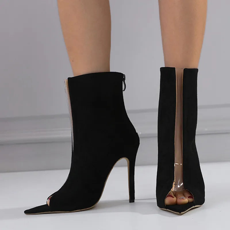 Black Spring Autumn Sexy Pointed Open Toe Ankle Boots Women